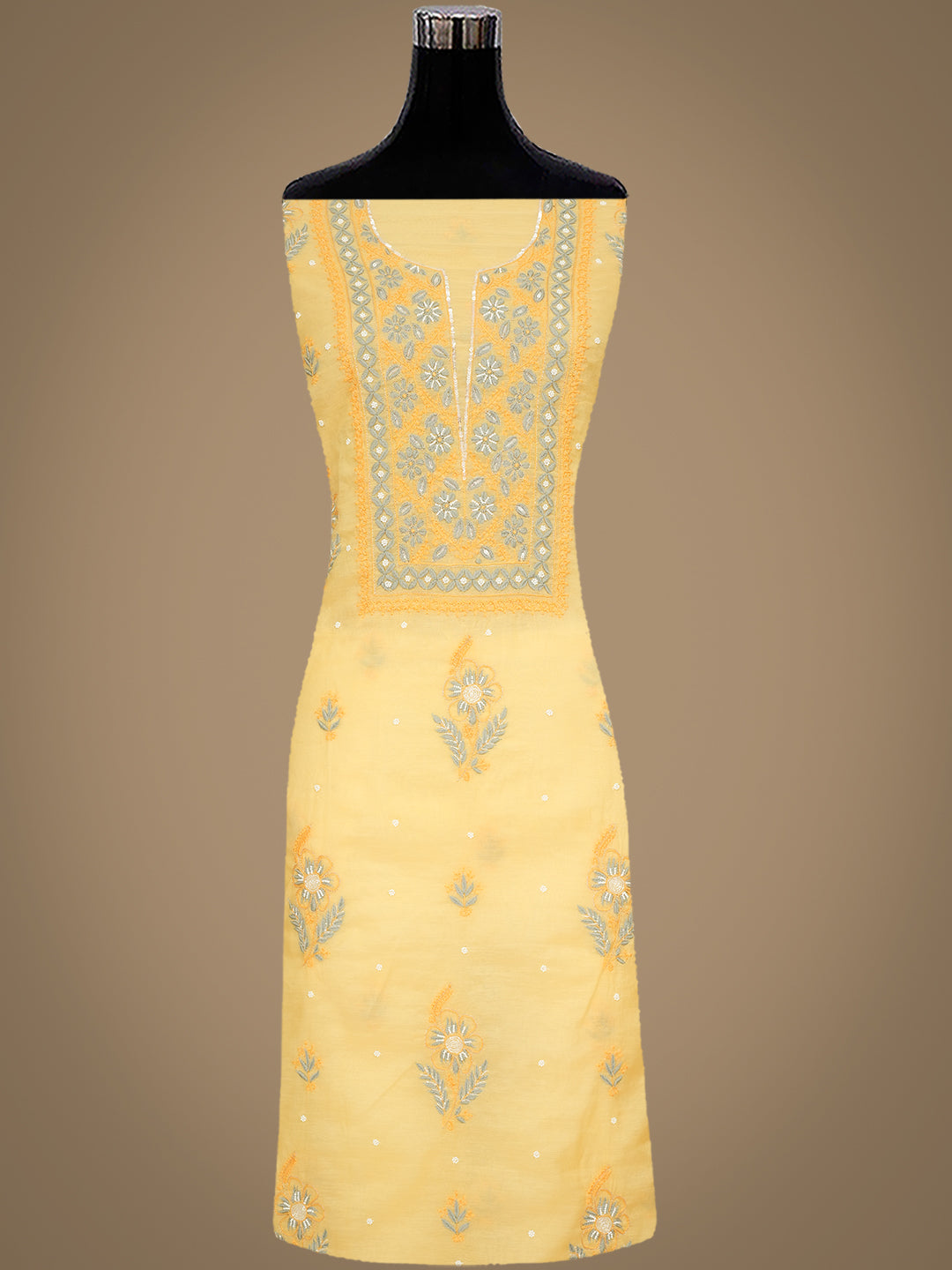 Ada Hand Embroidered Yellow Chanderi Lucknowi Chikankari Unstitched Kurta Dupatta Set With Pearl Work 01A975426