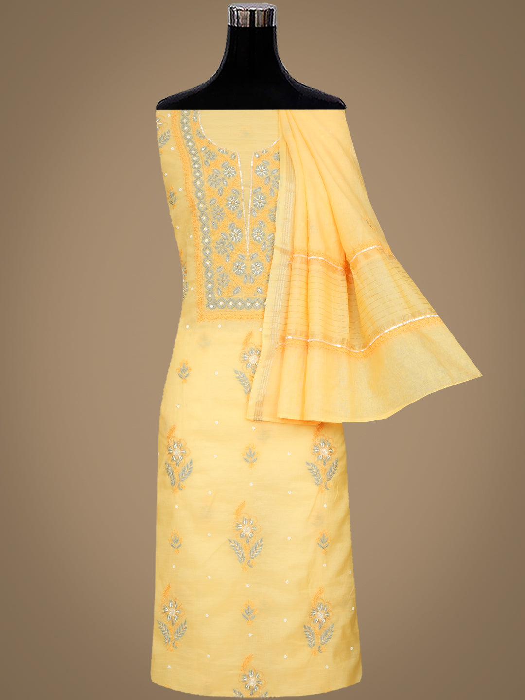 Ada Hand Embroidered Yellow Chanderi Lucknowi Chikankari Unstitched Kurta Dupatta Set With Pearl Work 01A975426
