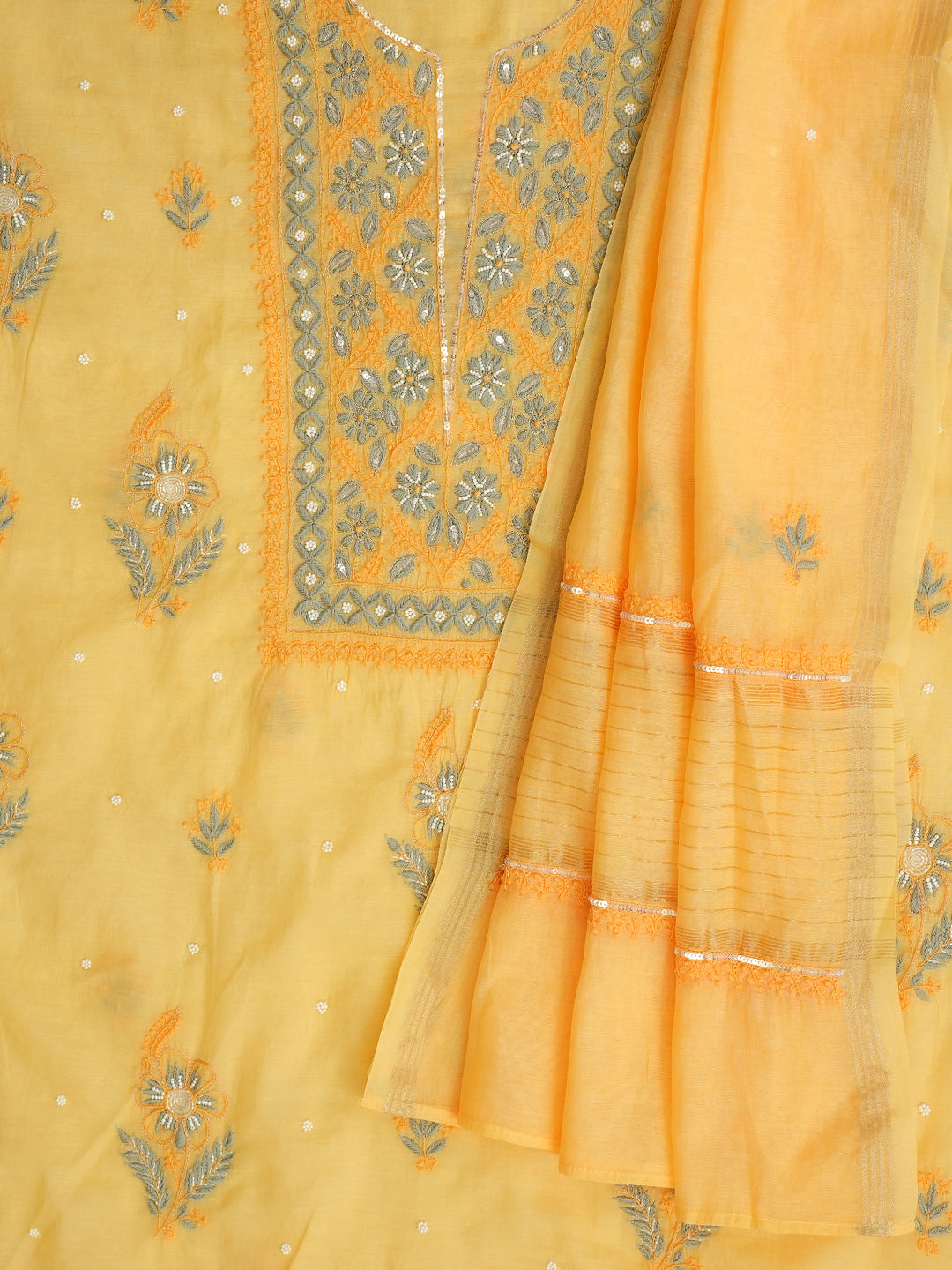 Ada Hand Embroidered Yellow Chanderi Lucknowi Chikankari Unstitched Kurta Dupatta Set With Pearl Work 01A975426