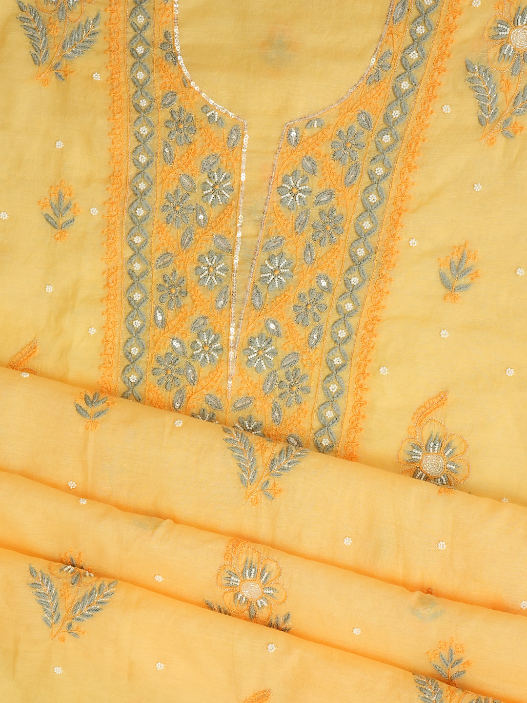 Ada Hand Embroidered Yellow Chanderi Lucknowi Chikankari Unstitched Kurta Dupatta Set With Pearl Work 01A975426