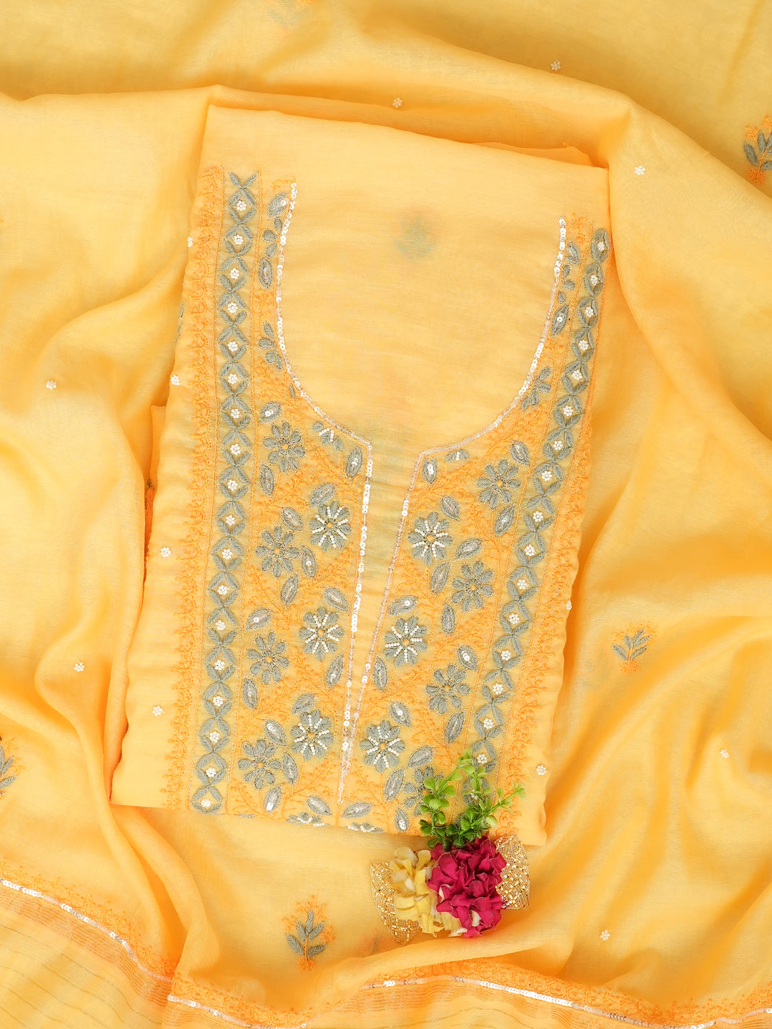 Ada Hand Embroidered Yellow Chanderi Lucknowi Chikankari Unstitched Kurta Dupatta Set With Pearl Work 01A975426