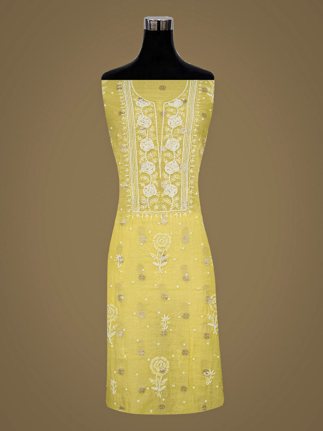 Ada Hand Embroidered Yellow Chanderi Lucknowi Chikankari Unstitched Kurta Dupatta Set With Pearl Work 01A982131