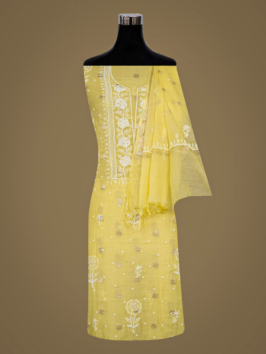 Ada Hand Embroidered Yellow Chanderi Lucknowi Chikankari Unstitched Kurta Dupatta Set With Pearl Work 01A982131