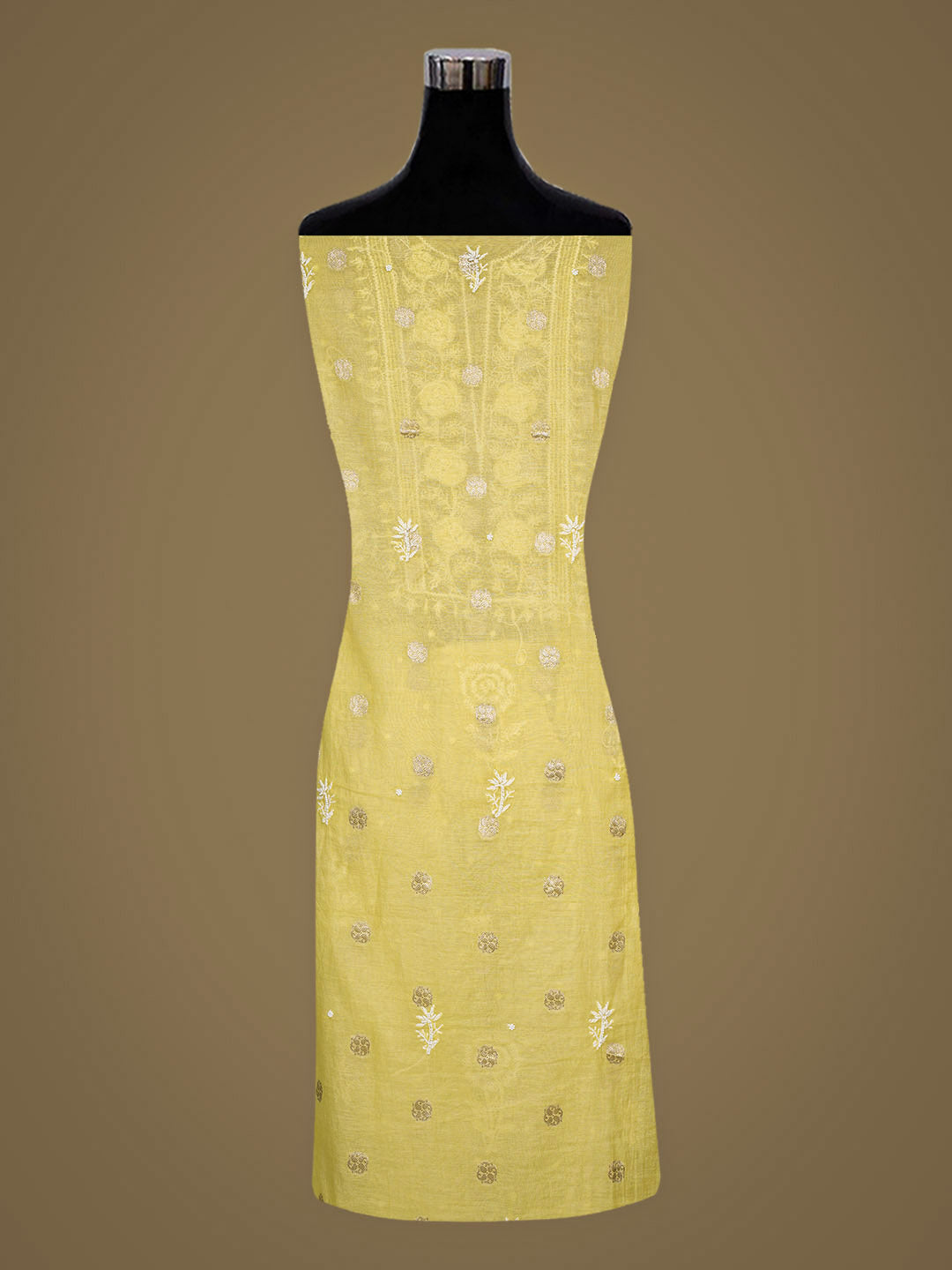 Ada Hand Embroidered Yellow Chanderi Lucknowi Chikankari Unstitched Kurta Dupatta Set With Pearl Work 01A982131