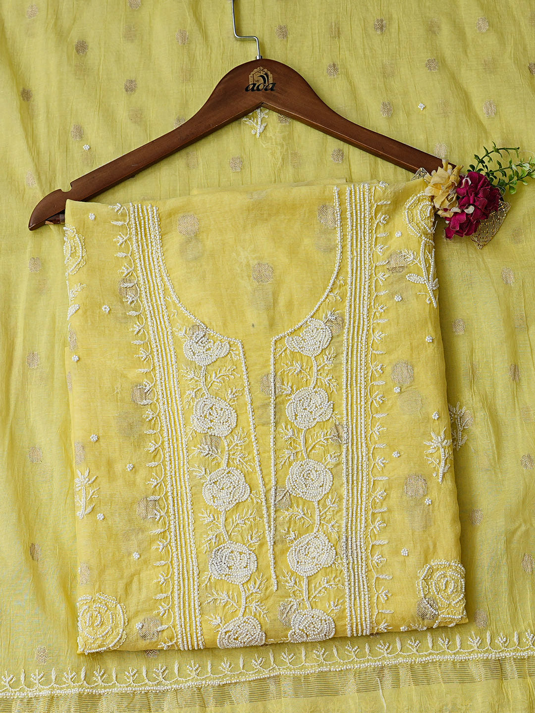 Ada Hand Embroidered Yellow Chanderi Lucknowi Chikankari Unstitched Kurta Dupatta Set With Pearl Work 01A982131