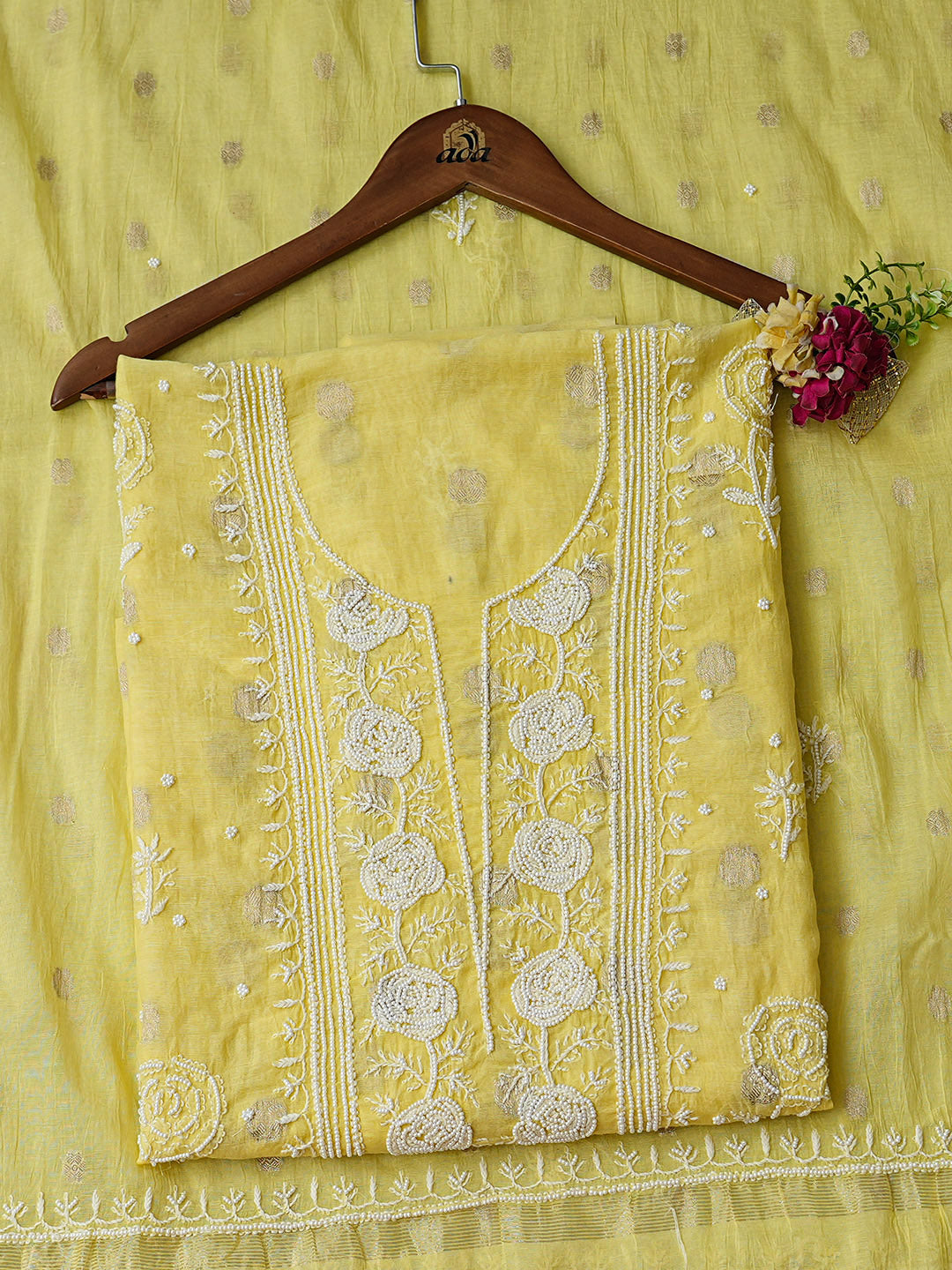 Ada Hand Embroidered Yellow Chanderi Lucknowi Chikankari Unstitched Kurta Dupatta Set With Pearl Work 01A982131