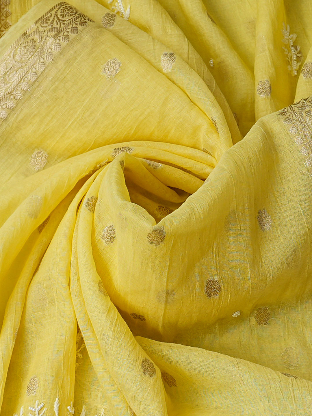 Ada Hand Embroidered Yellow Chanderi Lucknowi Chikankari Unstitched Kurta Dupatta Set With Pearl Work 01A982131