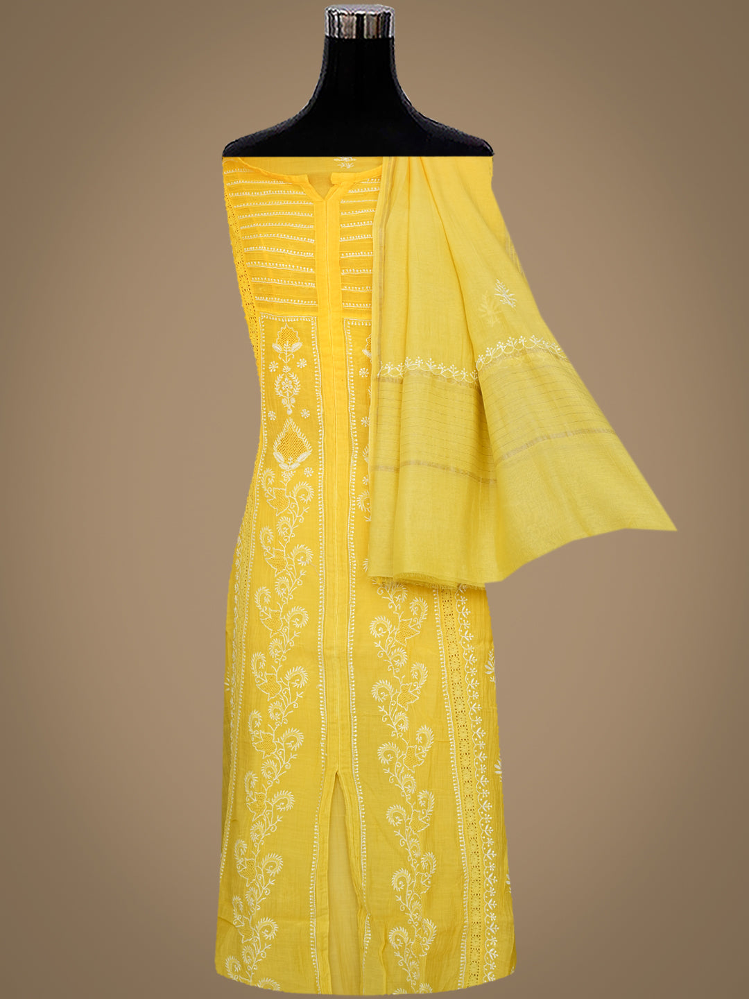 Ada Hand Embroidered Yellow Chanderi Lucknowi Chikankari Semi-Stitched Kurta Dupatta set  01A919143