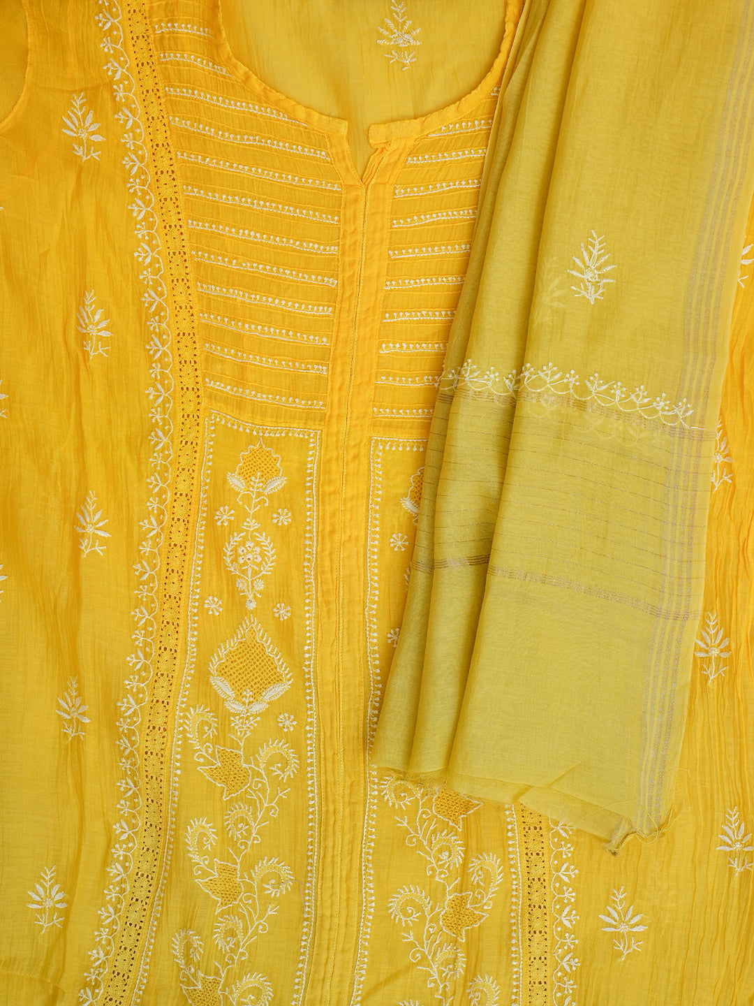 Ada Hand Embroidered Yellow Chanderi Lucknowi Chikankari Semi-Stitched Kurta Dupatta set  01A919143