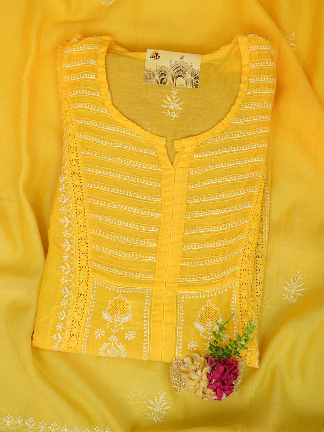 Ada Hand Embroidered Yellow Chanderi Lucknowi Chikankari Semi-Stitched Kurta Dupatta set  01A919143