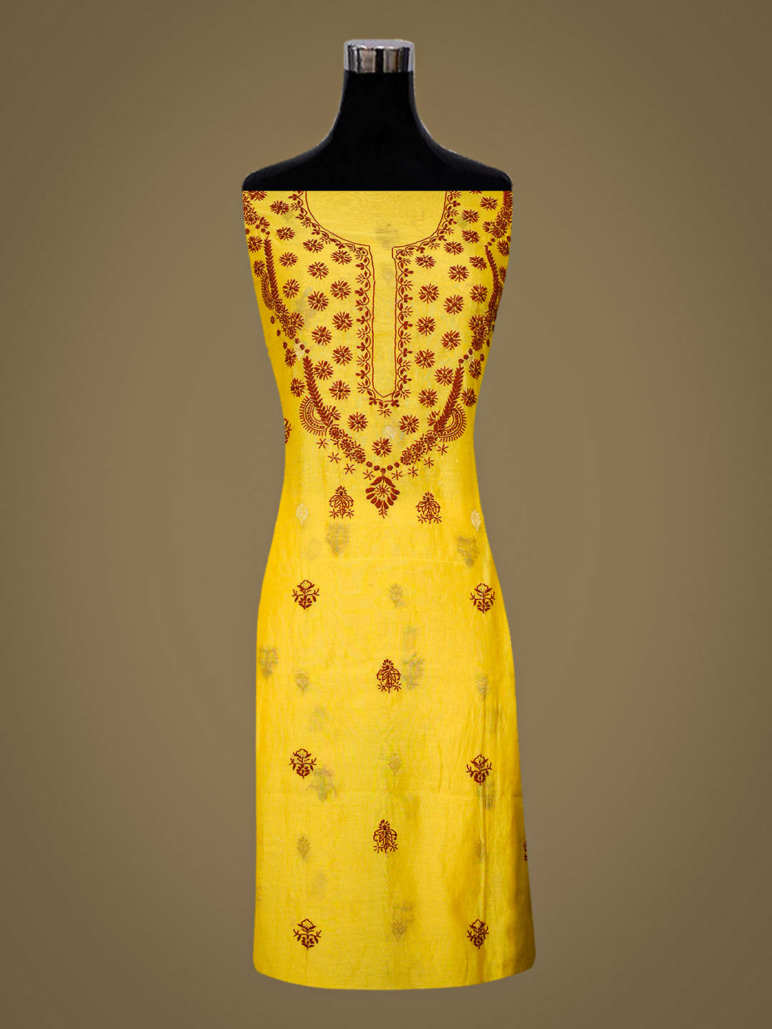 Ada Hand Embroidered Yellow Chanderi Unstitched Lucknowi Chikankari Kurta Dupatta Set 01A904292