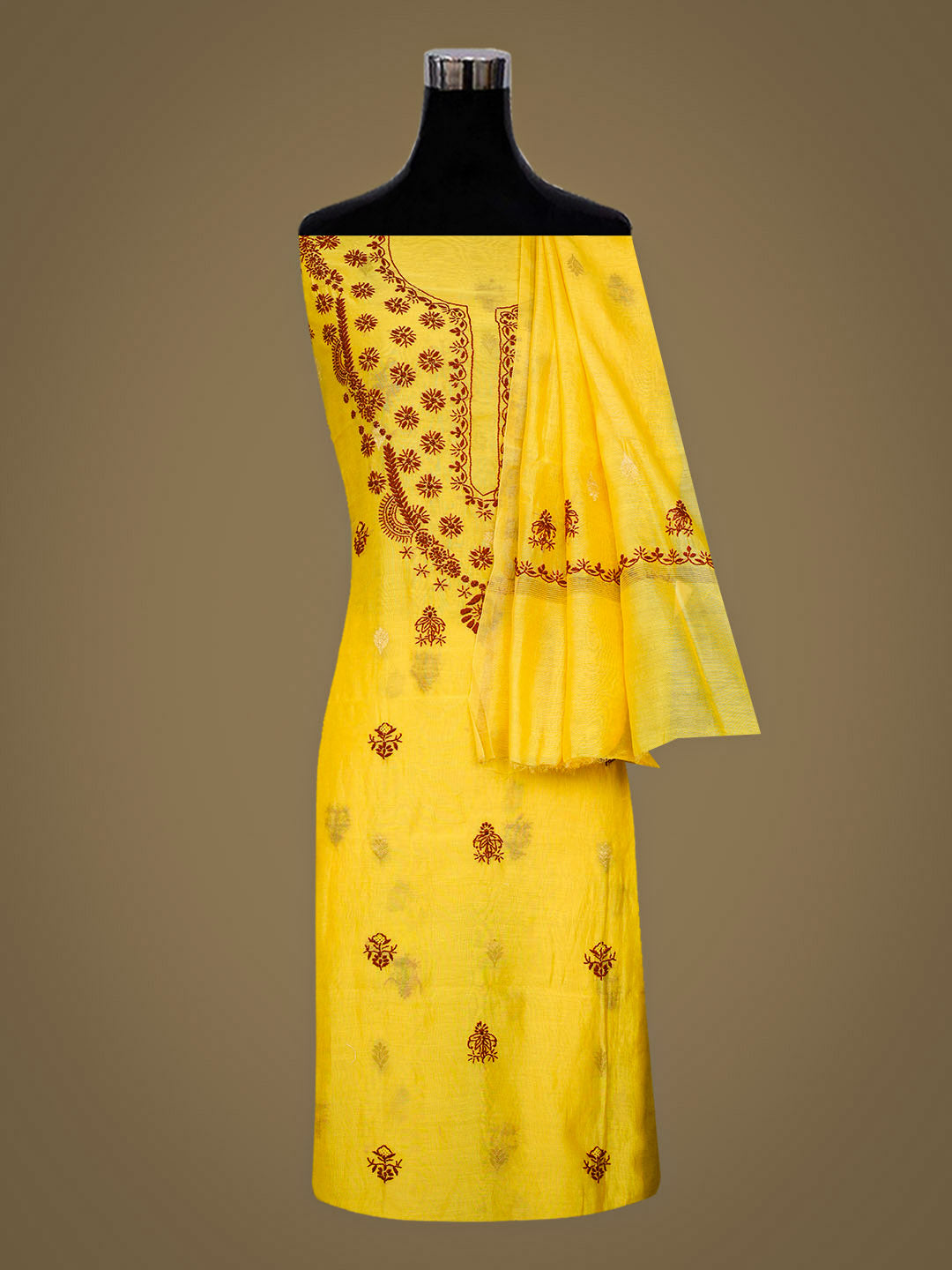 Ada Hand Embroidered Yellow Chanderi Unstitched Lucknowi Chikankari Kurta Dupatta 01A904292