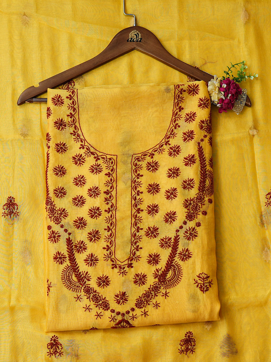 Ada Hand Embroidered Yellow Chanderi Unstitched Lucknowi Chikankari Kurta Dupatta Set 01A904292