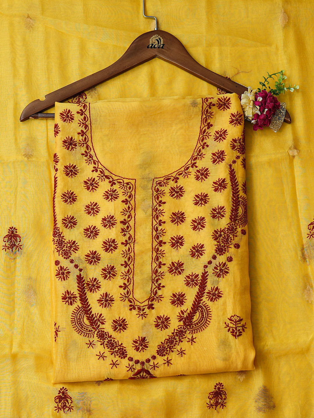 Ada Hand Embroidered Yellow Chanderi Unstitched Lucknowi Chikankari Kurta Dupatta 01A904292