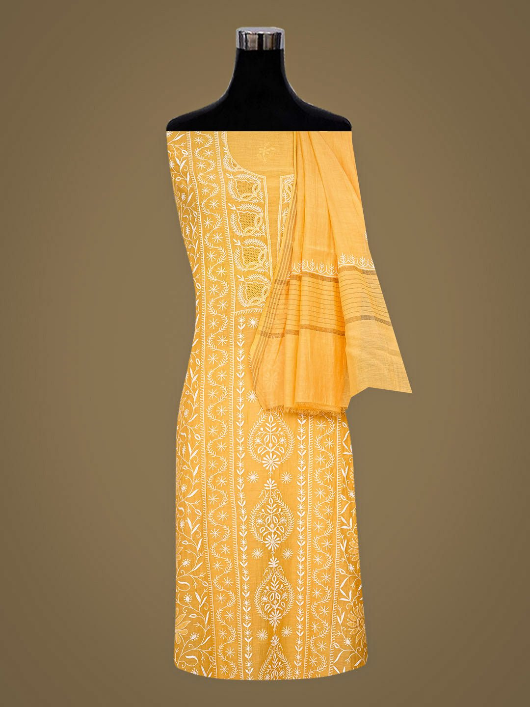 Ada Hand Embroidered Yellow Chanderi Unstitched Lucknowi Chikankari Kurta Dupatta 01A939440