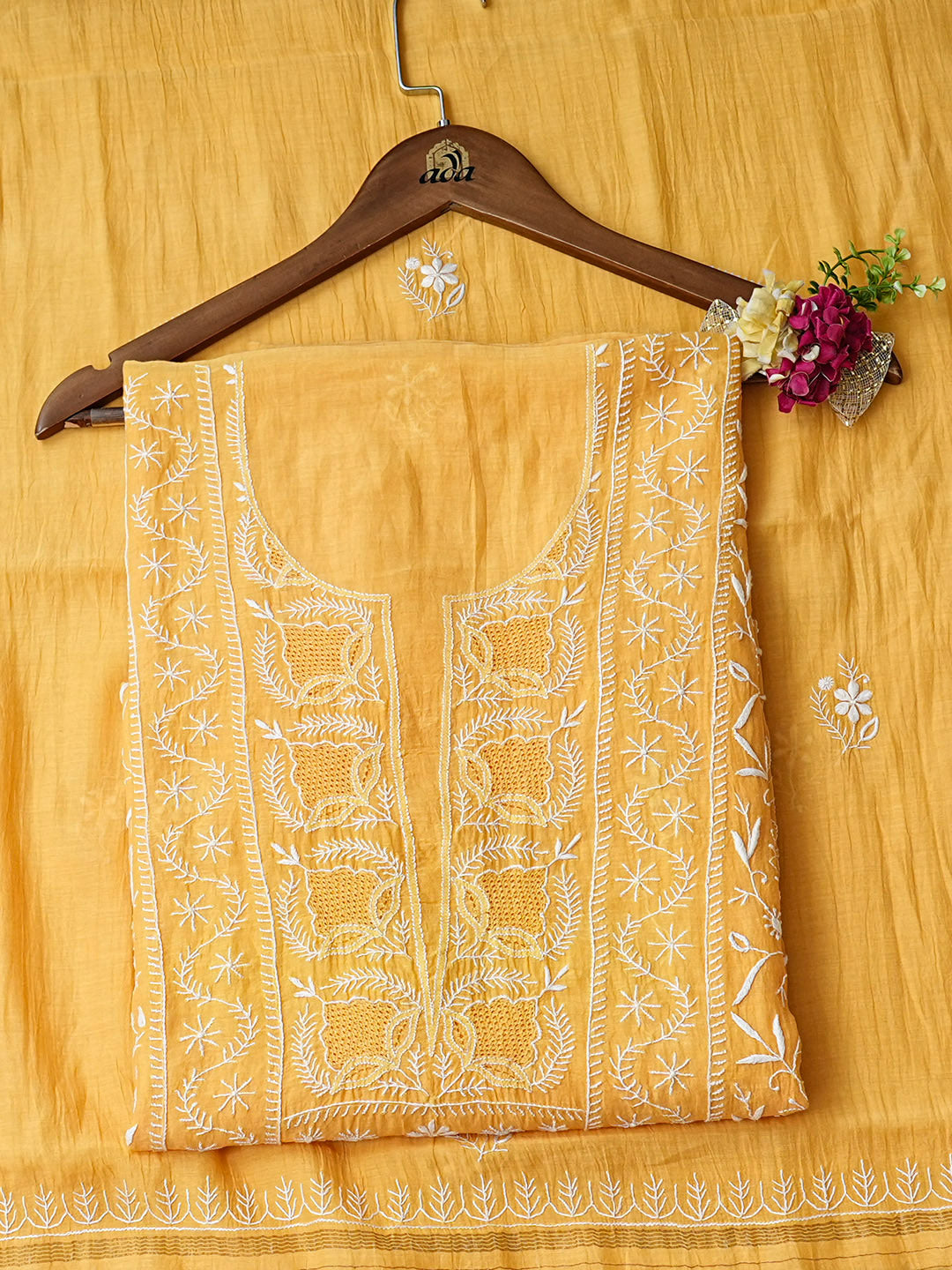 Ada Hand Embroidered Yellow Chanderi Unstitched Lucknowi Chikankari Kurta Dupatta 01A939440