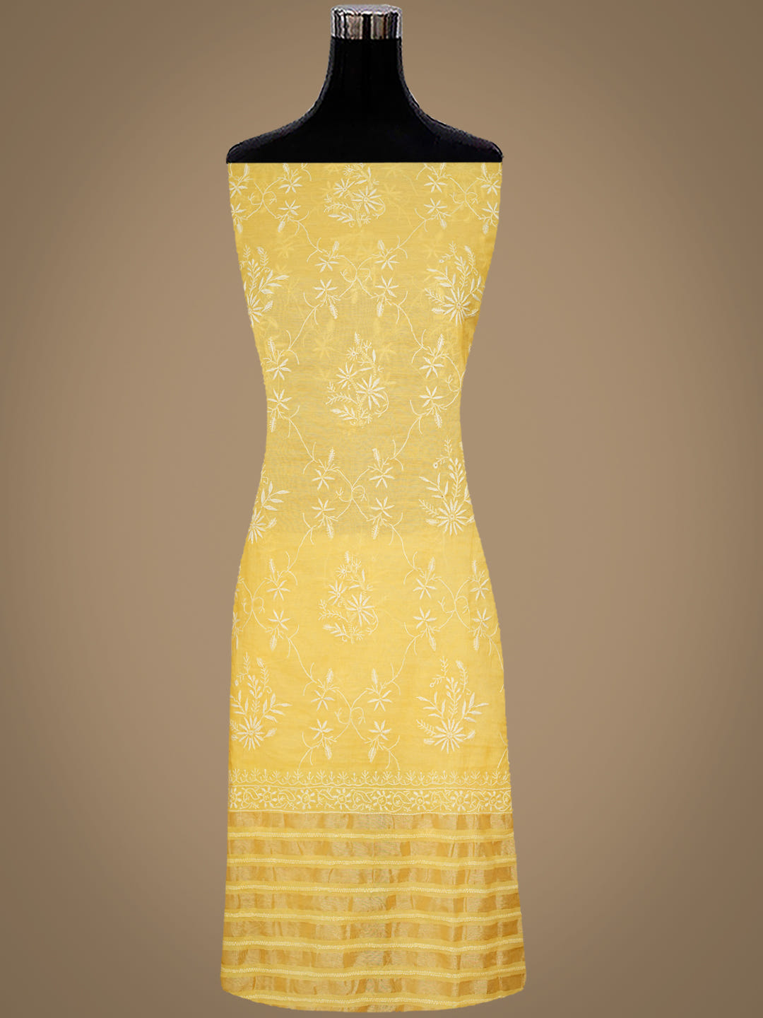 Ada Hand Embroidered Yellow Chanderi Unstitched Lucknowi Chikankari Kurta Dupatta Set 01A939415