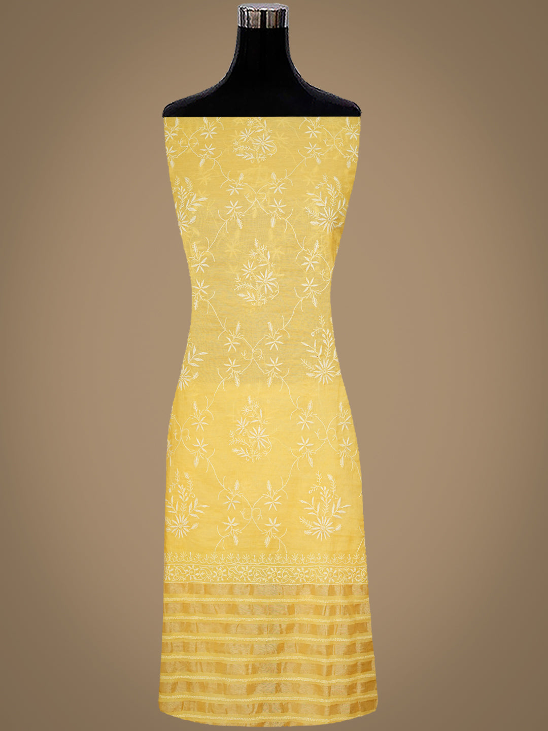 Ada Hand Embroidered Yellow Chanderi Unstitched Lucknowi Chikankari Kurta Dupatta Set 01A939415