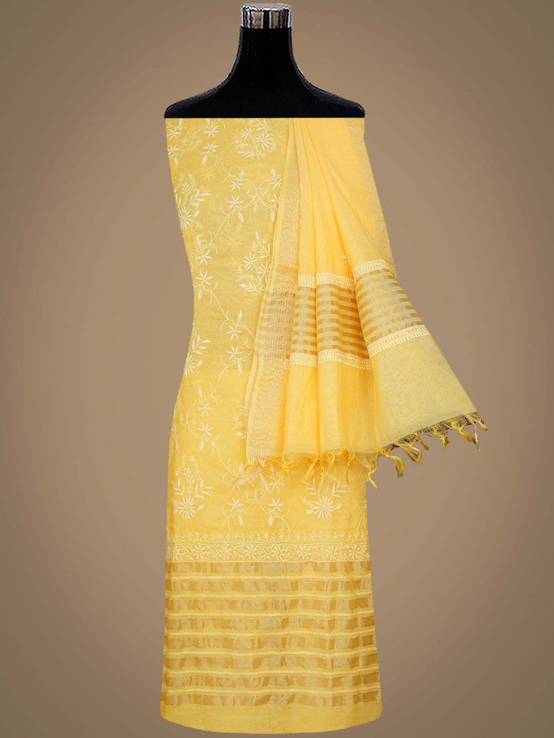 Ada Hand Embroidered Yellow Chanderi Unstitched Lucknowi Chikankari Kurta Dupatta Set 01A939415