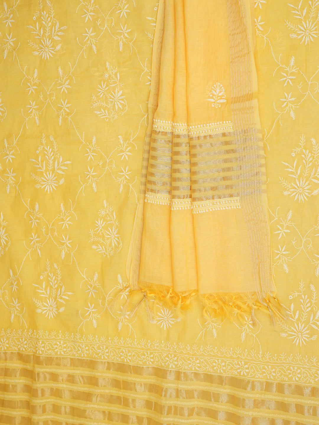 Ada Hand Embroidered Yellow Chanderi Unstitched Lucknowi Chikankari Kurta Dupatta Set 01A939415