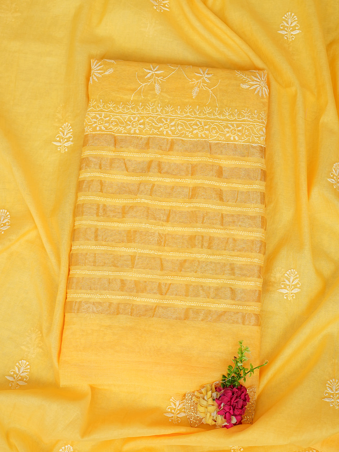 Ada Hand Embroidered Yellow Chanderi Unstitched Lucknowi Chikankari Kurta Dupatta Set 01A939415