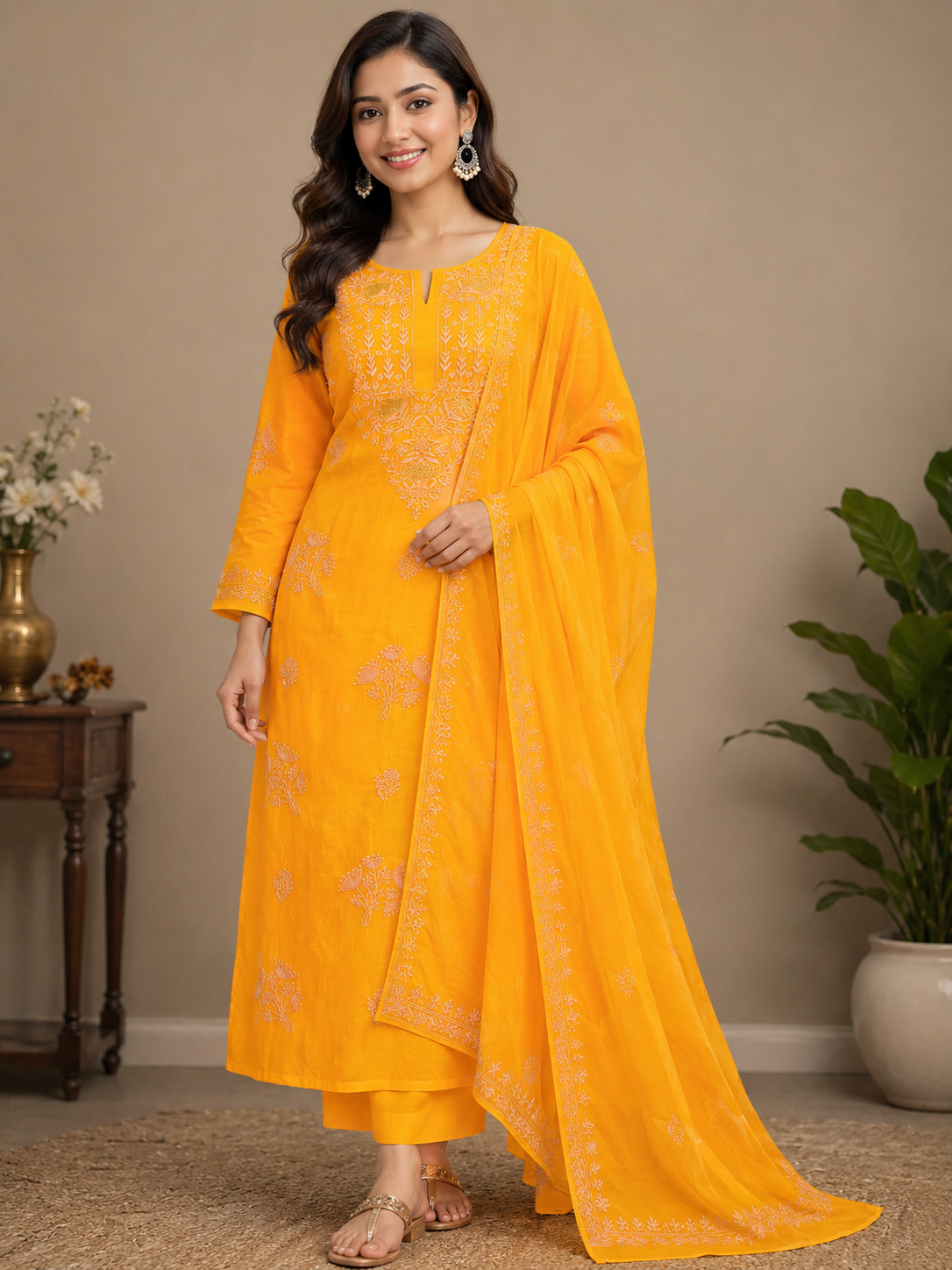 Ada Hand Embroidered Yellow Chanderi Unstitched Lucknowi Chikankari Kurta Dupatta Set 07A502683