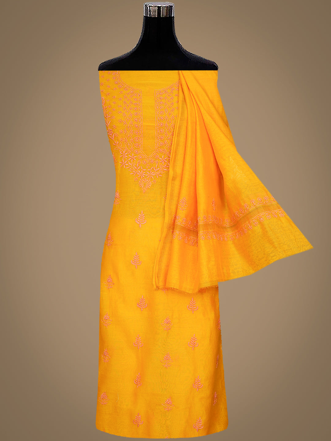 Ada Hand Embroidered Yellow Chanderi Unstitched Lucknowi Chikankari Kurta Dupatta Set 07A502683