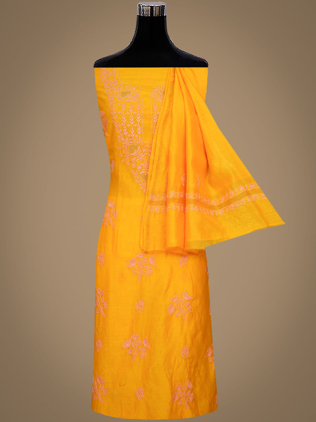 Ada Hand Embroidered Yellow Chanderi Unstitched Lucknowi Chikankari Kurta Dupatta Set 07A502683