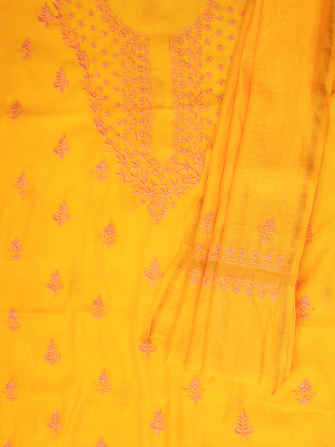 Ada Hand Embroidered Yellow Chanderi Unstitched Lucknowi Chikankari Kurta Dupatta Set 07A502693