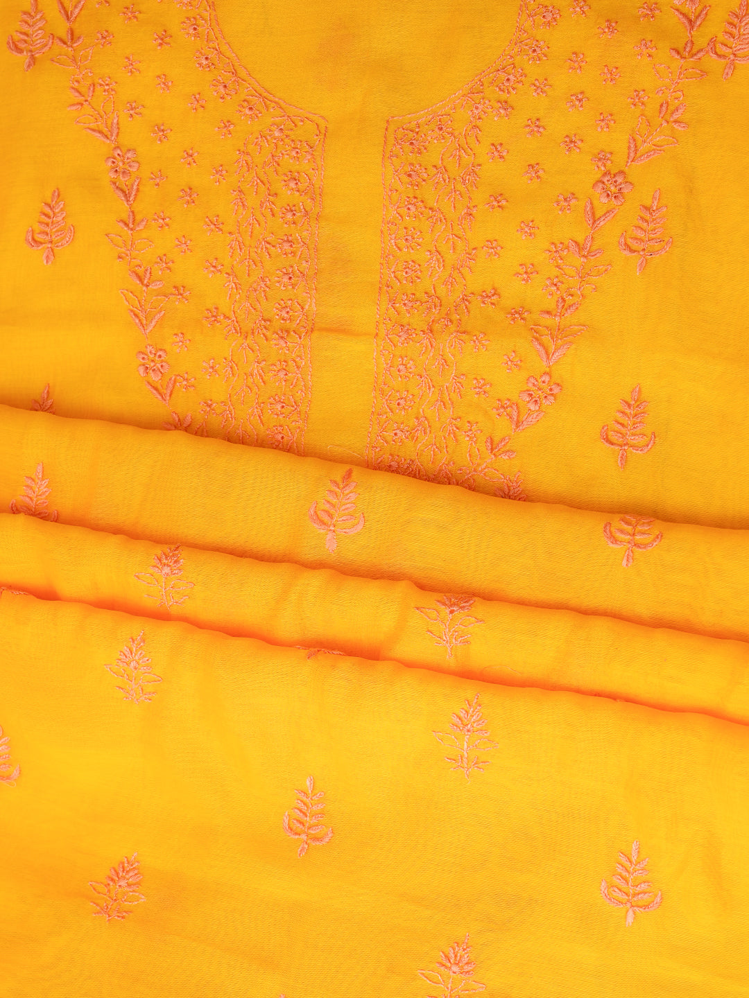 Ada Hand Embroidered Yellow Chanderi Unstitched Lucknowi Chikankari Kurta Dupatta Set 07A502693