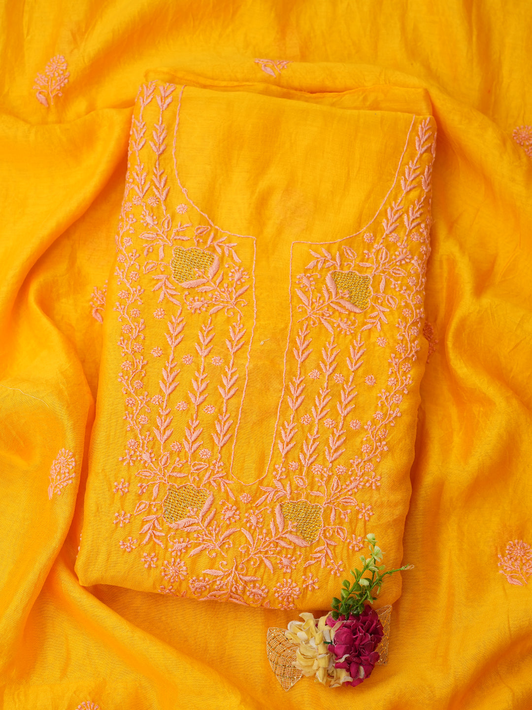 Ada Hand Embroidered Yellow Chanderi Unstitched Lucknowi Chikankari Kurta Dupatta Set 07A502683