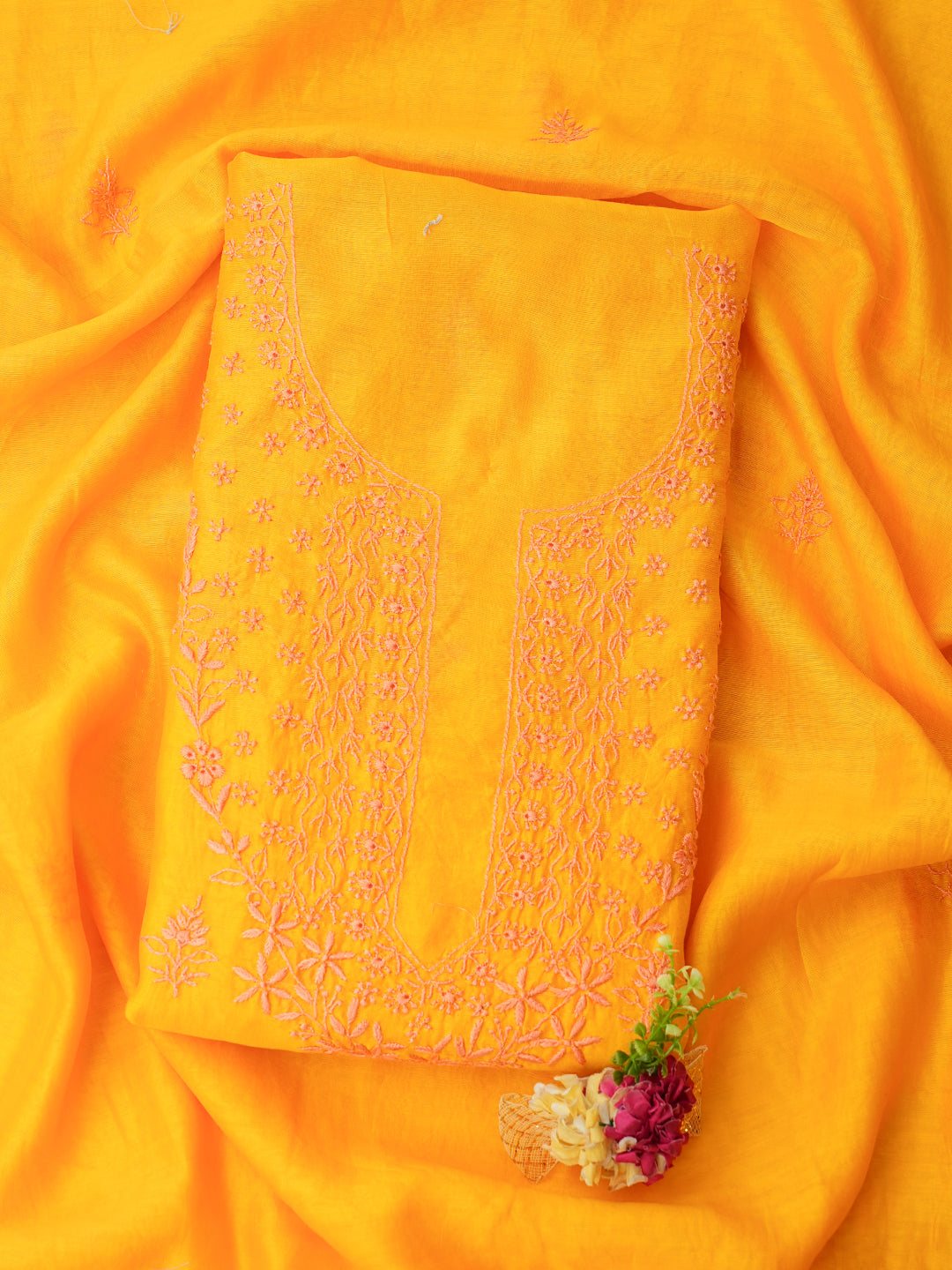 Ada Hand Embroidered Yellow Chanderi Unstitched Lucknowi Chikankari Kurta Dupatta Set 07A502693