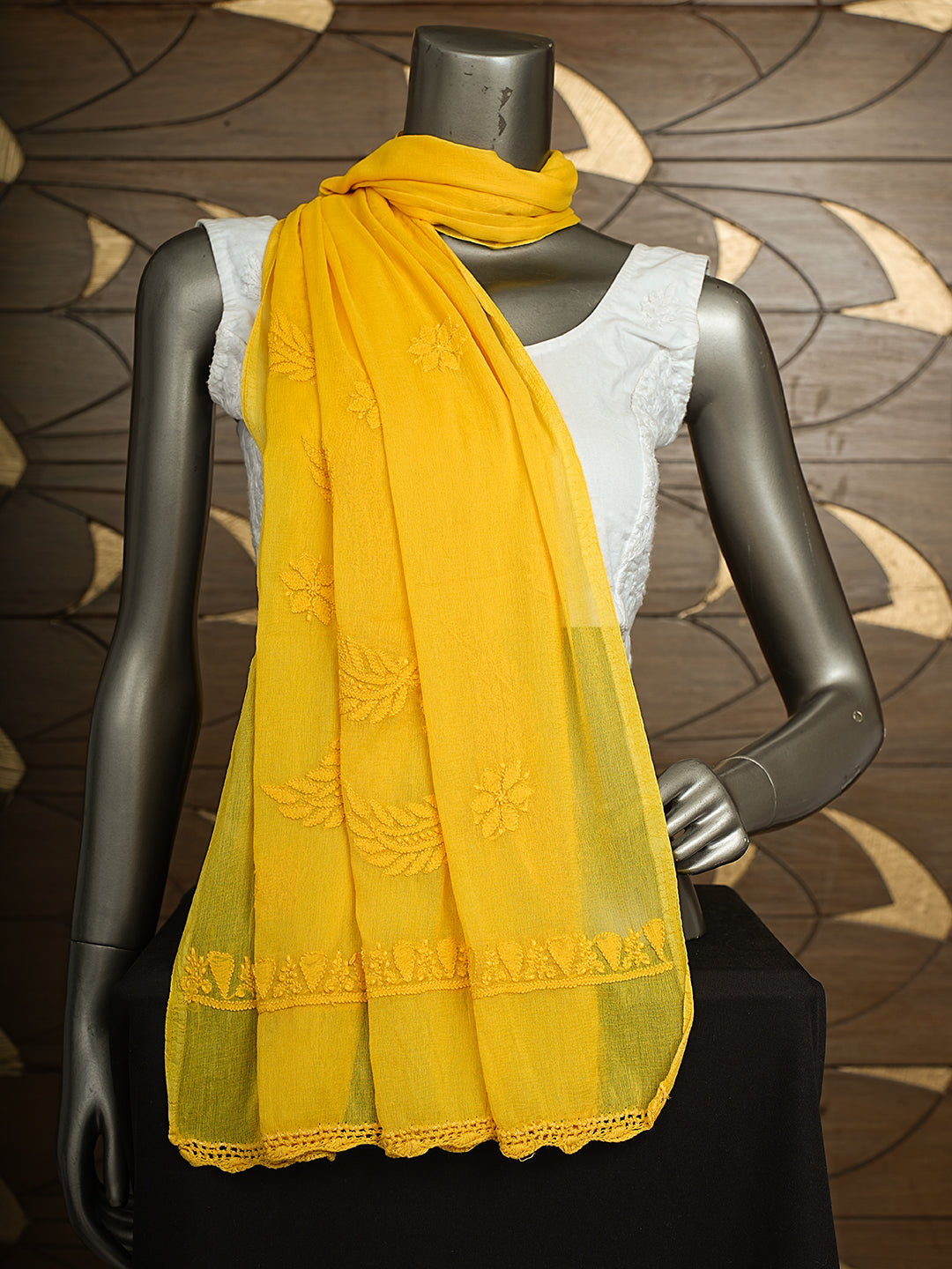 Ada Hand Embroidered Yellow Chiffon Lucknowi Chikankari Dupatta 01A767573_3