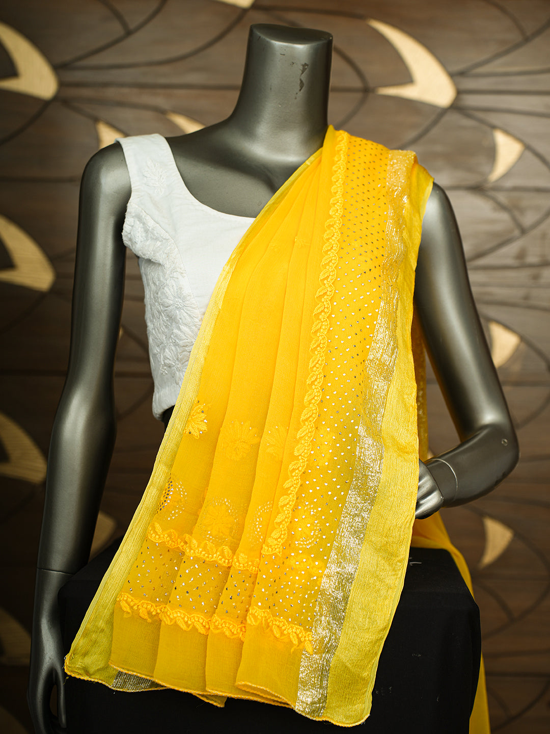 Ada Hand Embroidered Yellow Chiffon Lucknowi Chikankari Dupatta With Mukaish Work 01A767549