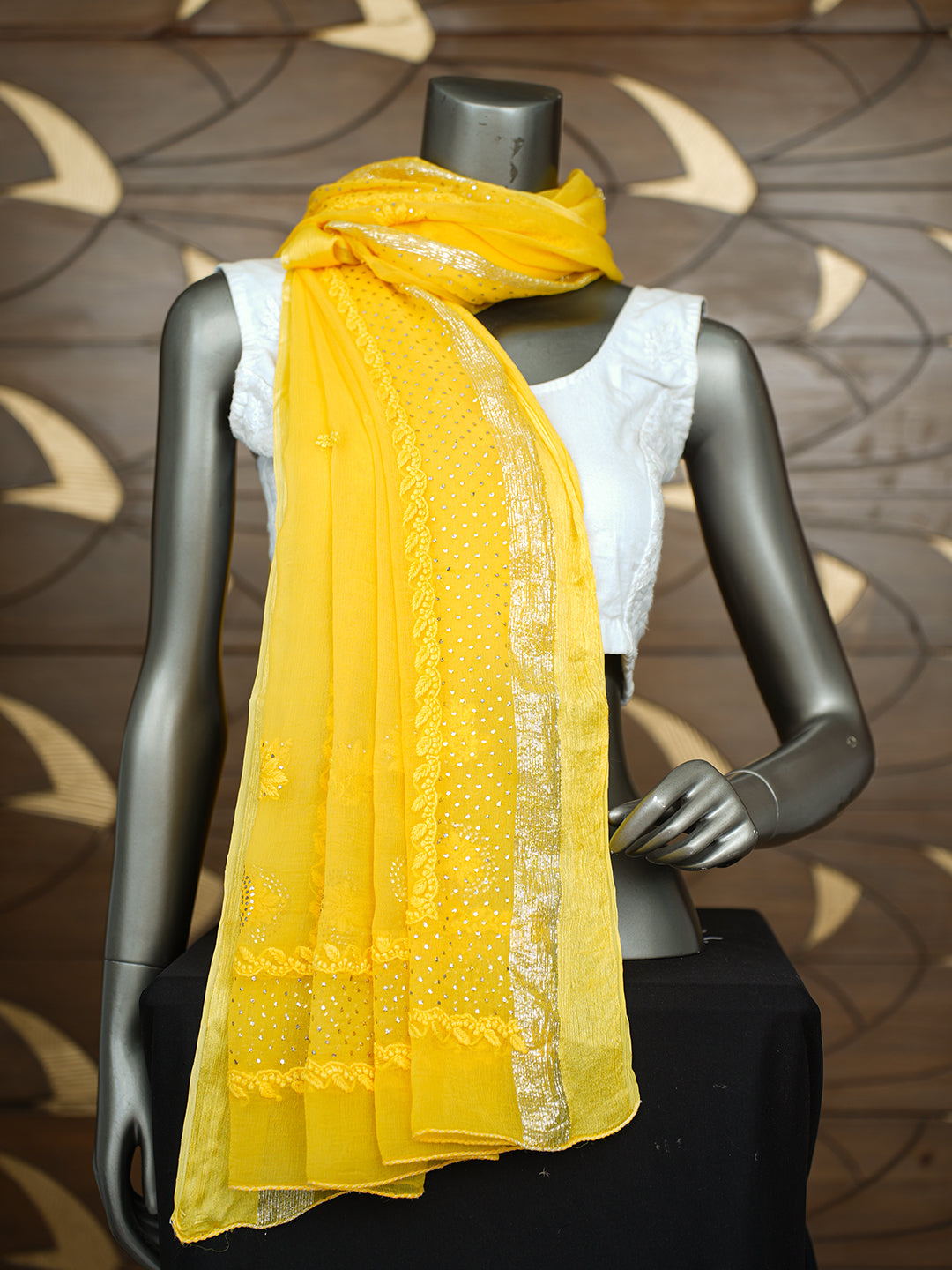 Ada Hand Embroidered Yellow Chiffon Lucknowi Chikankari Dupatta With Mukaish Work 01A767549