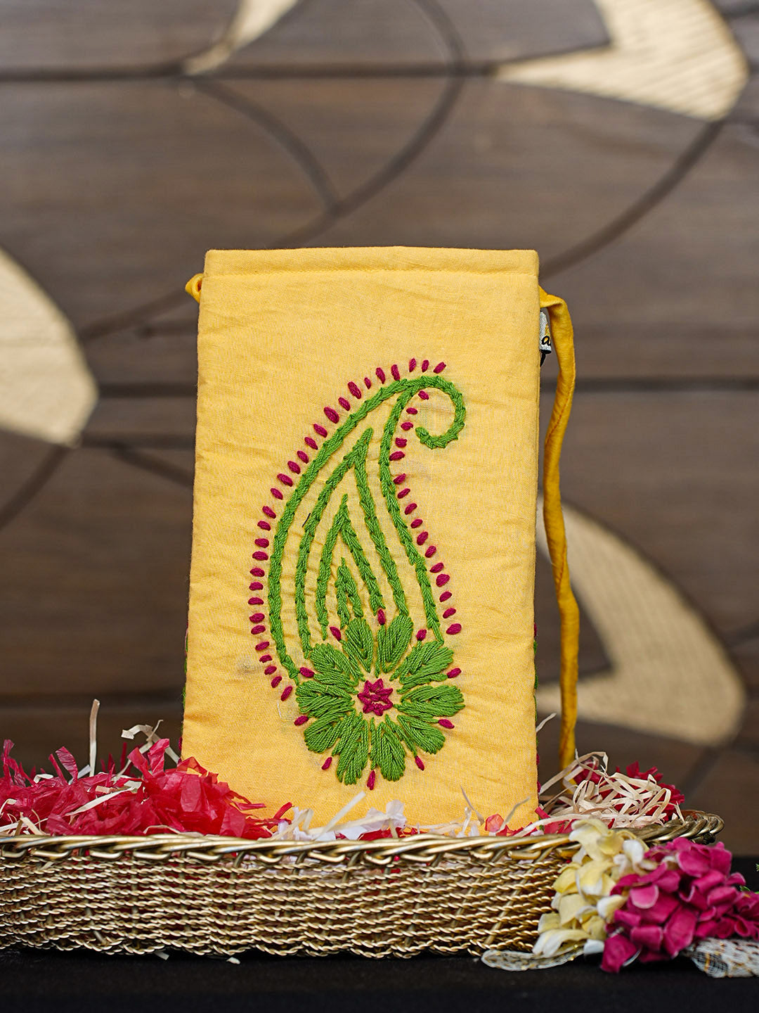 Ada Hand Embroidered Yellow Cotton Lucknowi Chikankari Mobile Cover 01A917411