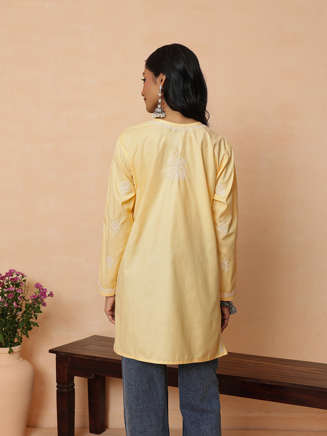 Ada Hand Embroidered Yellow Cotton Lucknowi Chikankari Short Kurti A911570