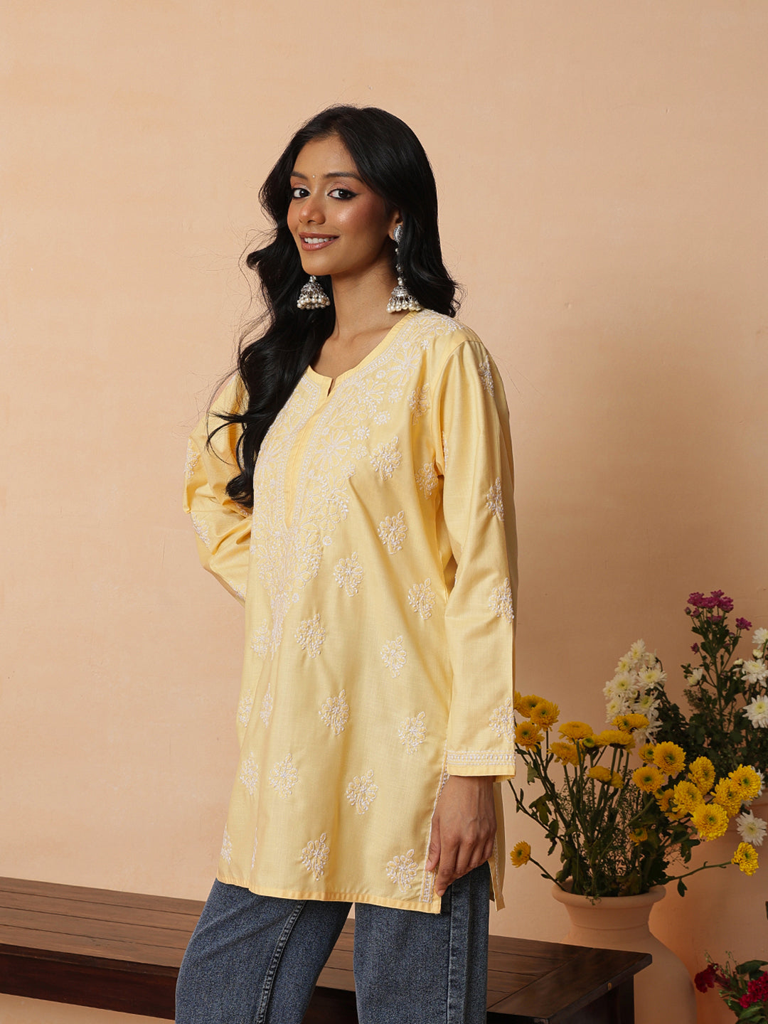 Ada Hand Embroidered Yellow Cotton Lucknowi Chikankari Short Kurti A911570