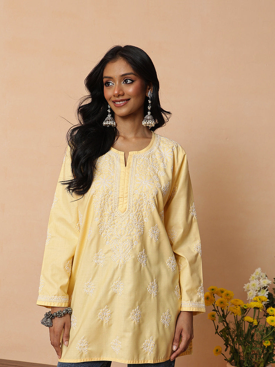 Ada Hand Embroidered Yellow Cotton Lucknowi Chikankari Short Kurti A911570