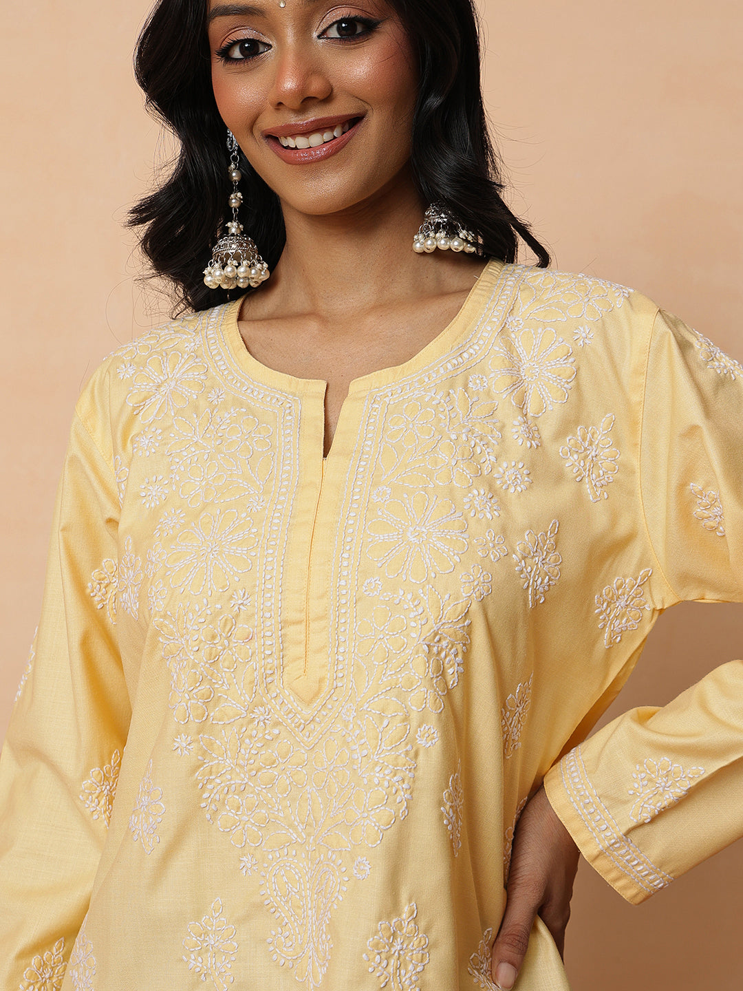 Ada Hand Embroidered Yellow Cotton Lucknowi Chikankari Short Kurti A911570