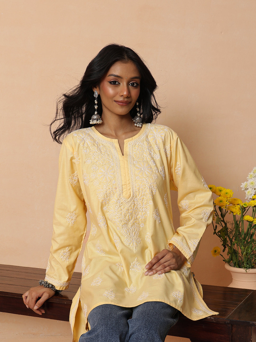 Ada Hand Embroidered Yellow Cotton Lucknowi Chikankari Short Kurti A911570