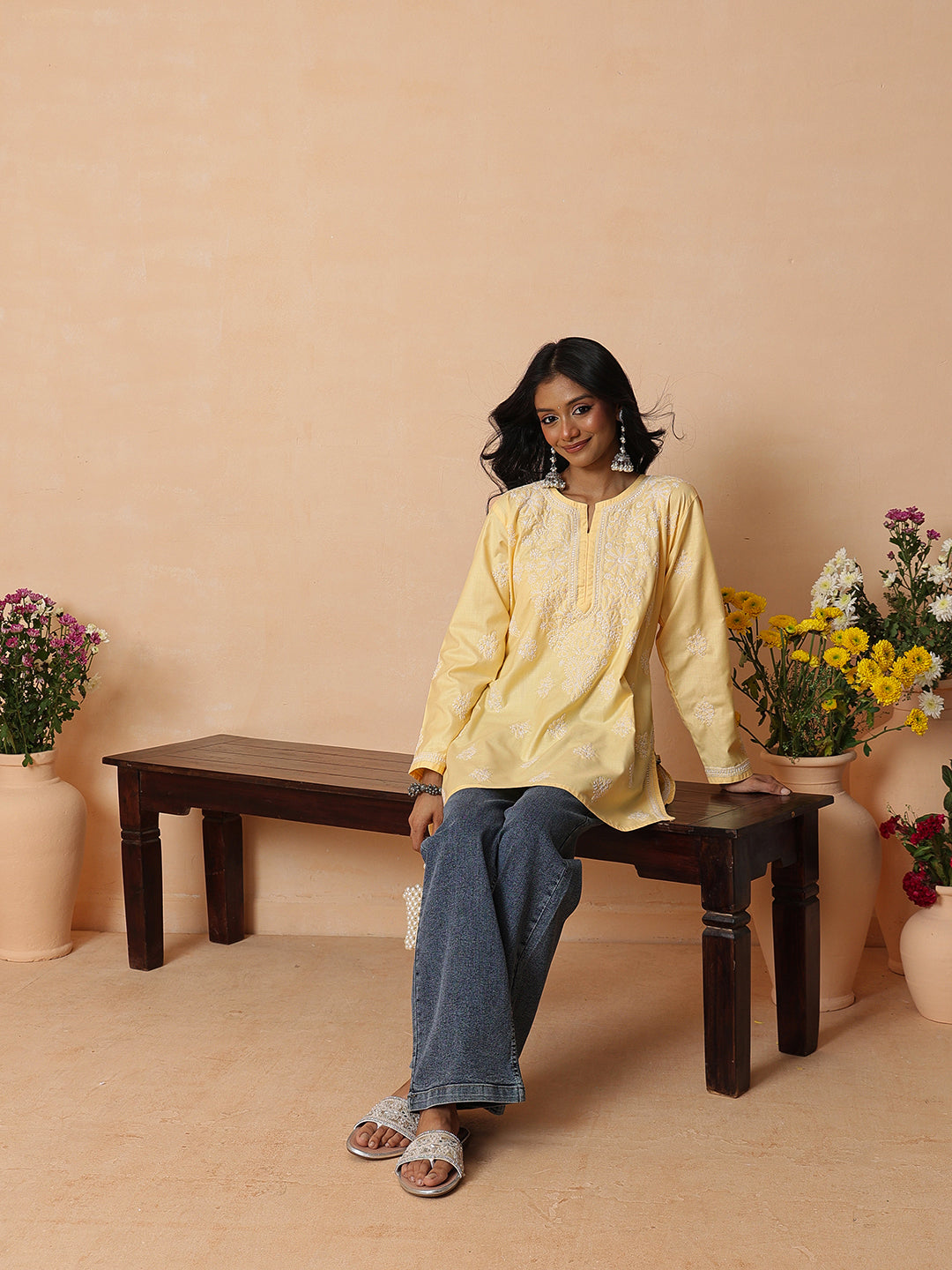 Ada Hand Embroidered Yellow Cotton Lucknowi Chikankari Short Kurti A911570