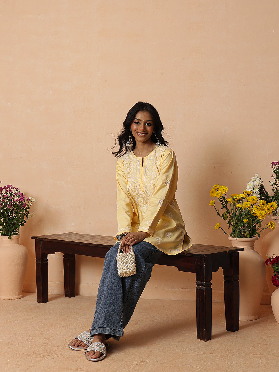 Ada Hand Embroidered Yellow Cotton Lucknowi Chikankari Short Kurti A911570
