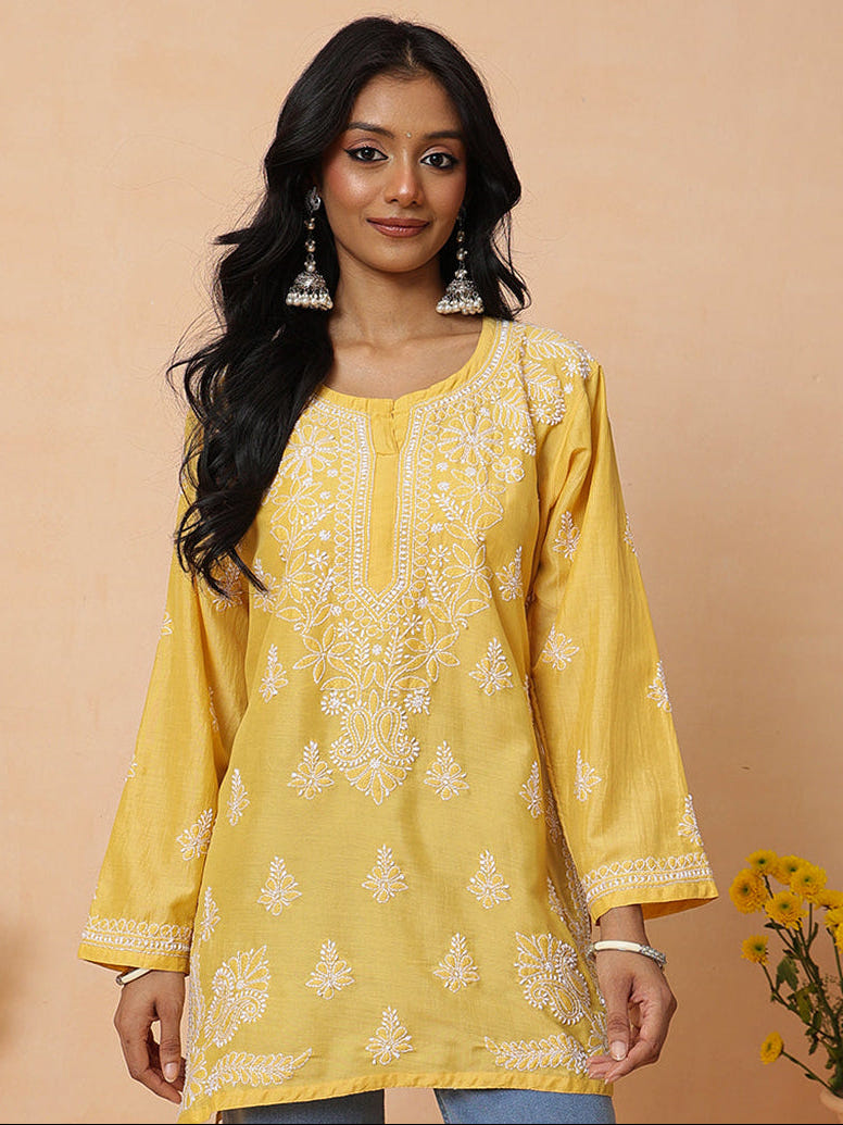 Ada Hand Embroidered Yellow Cotton Lucknowi Chikankari Short Kurti A911584_1