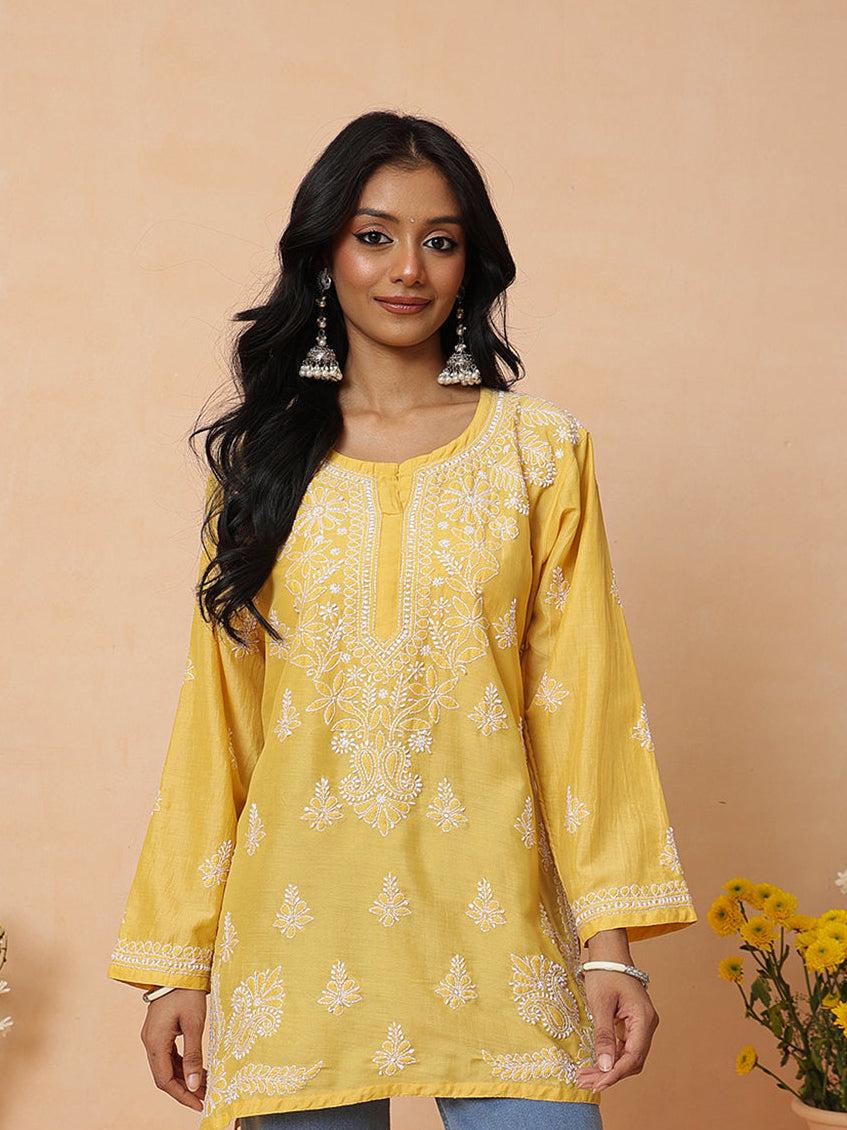 Ada Hand Embroidered Yellow Cotton Lucknowi Chikankari Short Kurti A911584_1