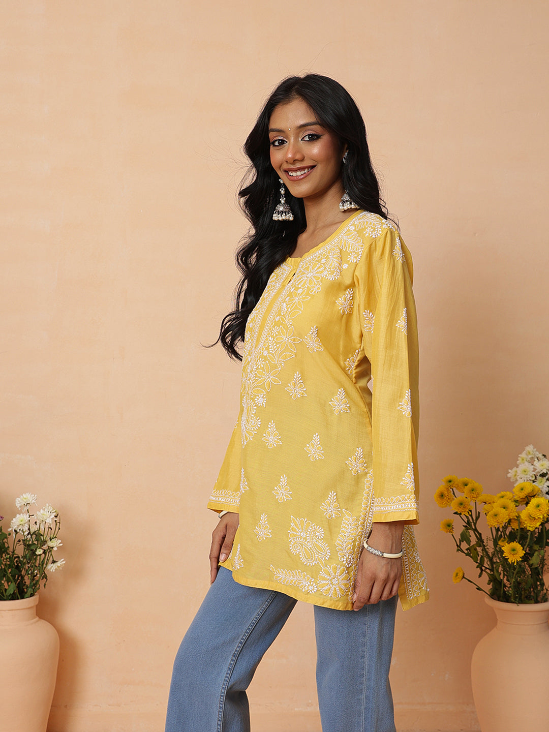 Ada Hand Embroidered Yellow Cotton Lucknowi Chikankari Short Kurti A911584_3