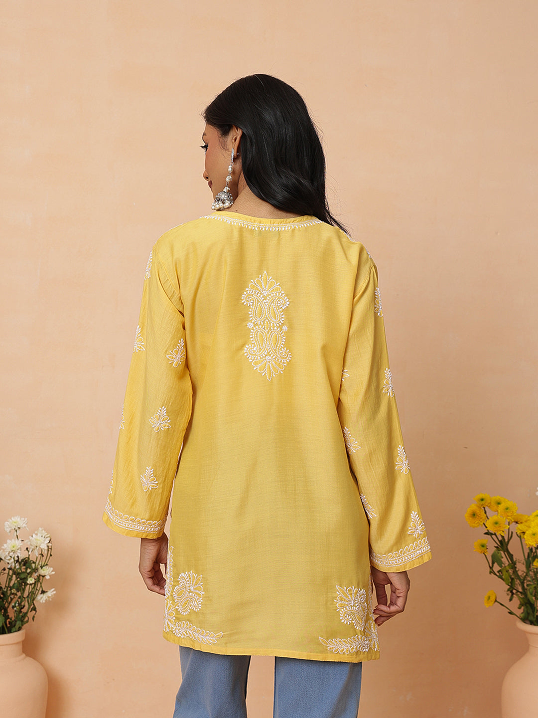 Ada Hand Embroidered Yellow Cotton Lucknowi Chikankari Short Kurti A911584_4