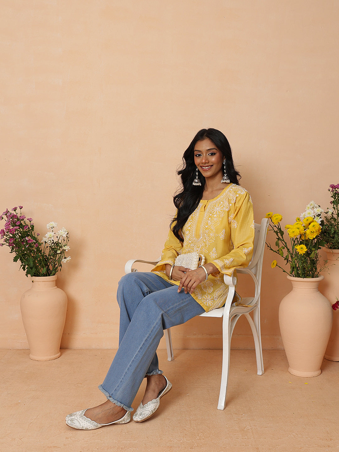 Ada Hand Embroidered Yellow Cotton Lucknowi Chikankari Short Kurti A911584_5