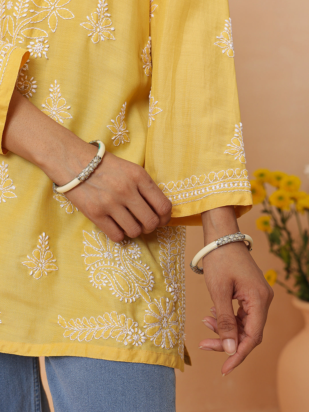 Ada Hand Embroidered Yellow Cotton Lucknowi Chikankari Short Kurti A911584_6