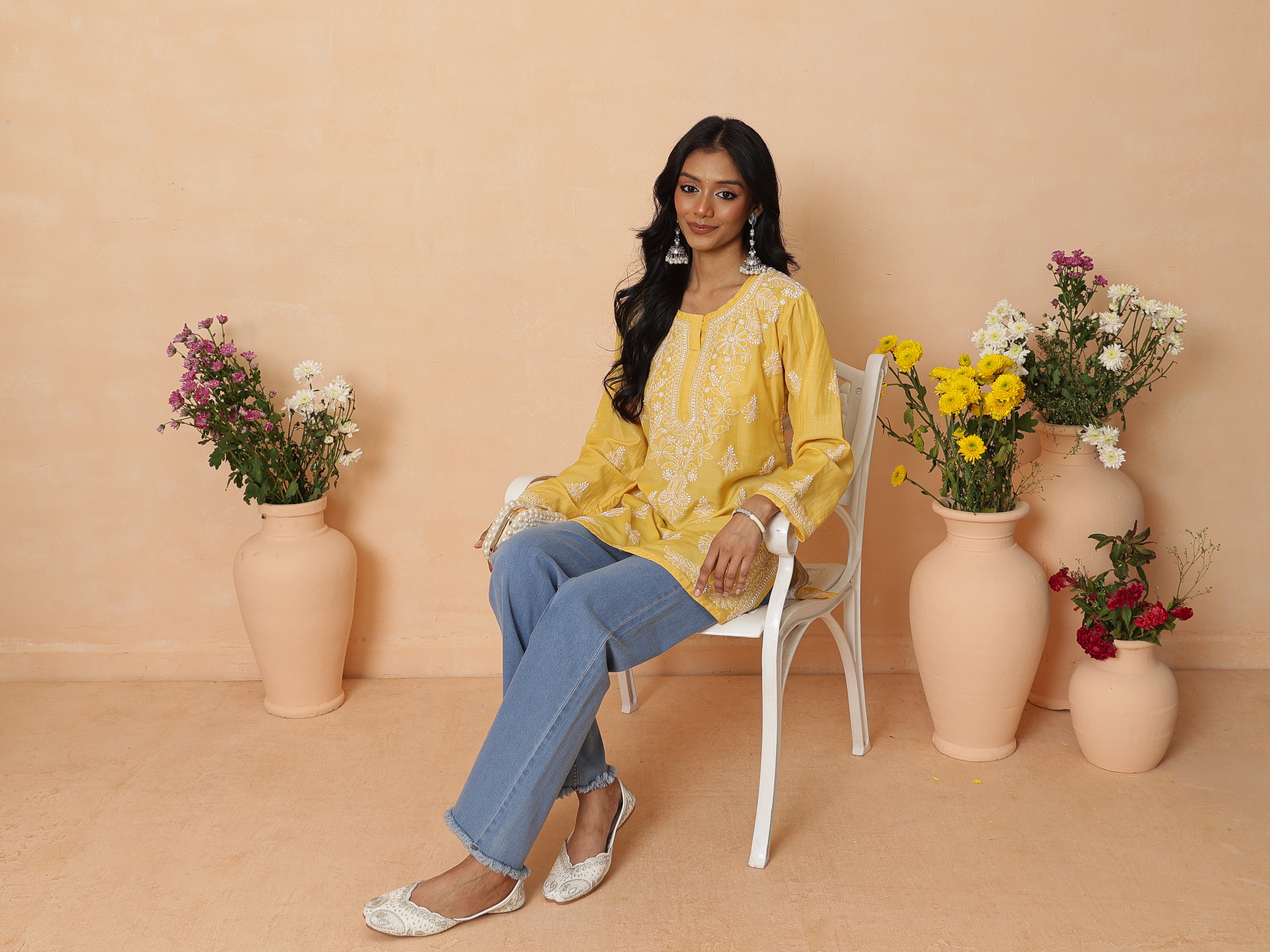 Ada Hand Embroidered Yellow Cotton Lucknowi Chikankari Short Kurti A911584_7